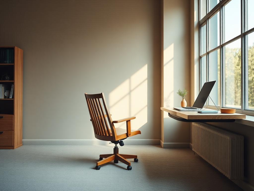 An empty office chair by a window, representing returning to work