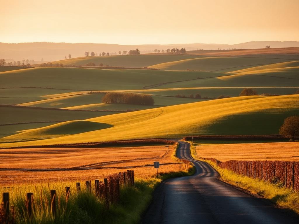Rolling green farmland at golden hour, representing rural isolation